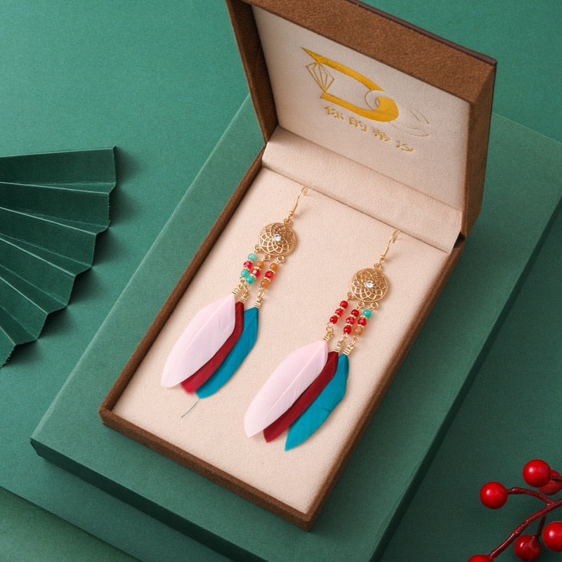 Vintage Long Water Drop Feather Earrings for Women Elegant Insert Rhinestone Crystal Bead Leaf Tassel Earring Female Jewelry