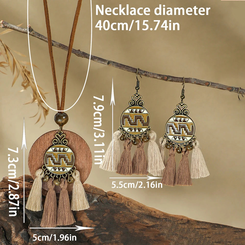 Wood Round Tassel Necklace Earring Set Jewelry