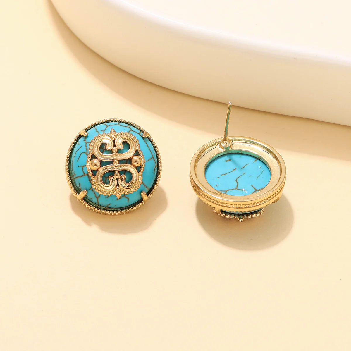 Vintage Gold Color Stud Earrings with Natural Lapis Lazuli/Tiger Eye/Turquoise/Malachite Stone - Elegant Round Statement Jewelry - Charlie Dolly