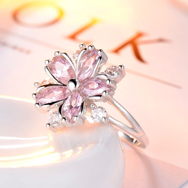 Luxury Flower Shape Zircon Engagement Ring for Women Silver Color Pink Wedding Rings Girl Party Jewelry Gift Anillos