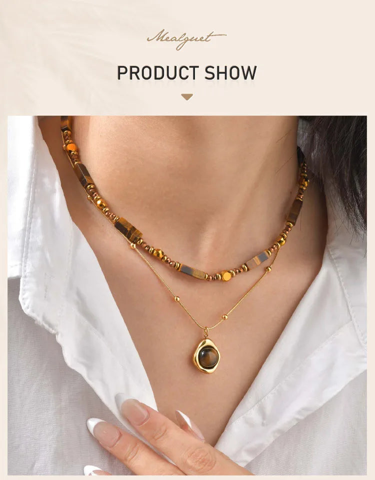 Natural Tiger Eye Necklace for Women, Boho Beaded Pendant Layered Collarbone Chain with Irregular Stone Jewelry - Charlie Dolly