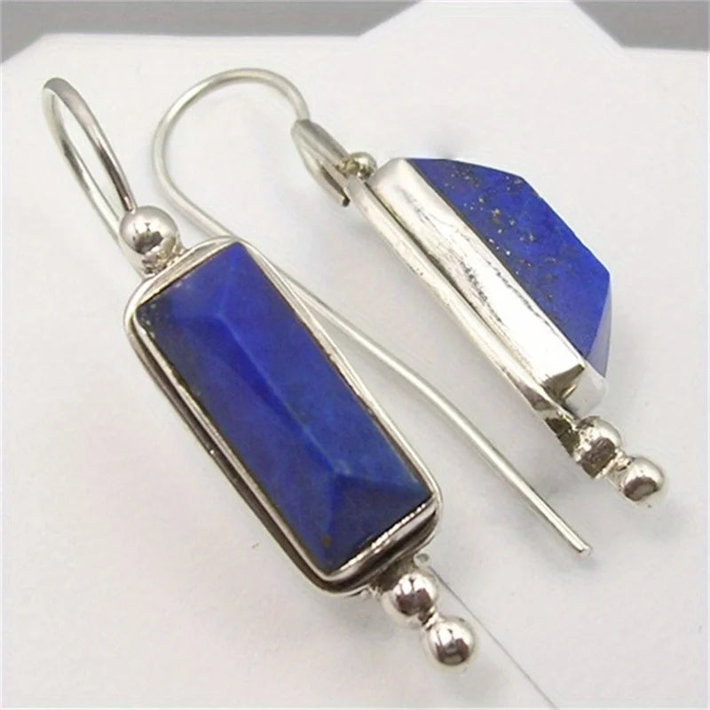 Ethnic Silver Color Imitation Lapis Lazuli Dangle Women's Earrings Square Daily Wear - Charlie Dolly