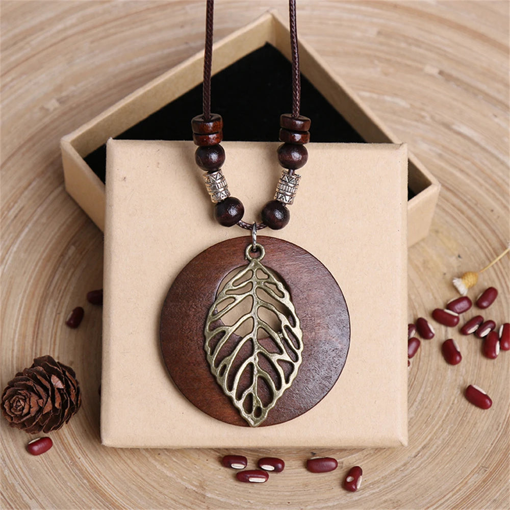 Wood Owl Leaf Pendant Wax Rope Necklace Jewelry