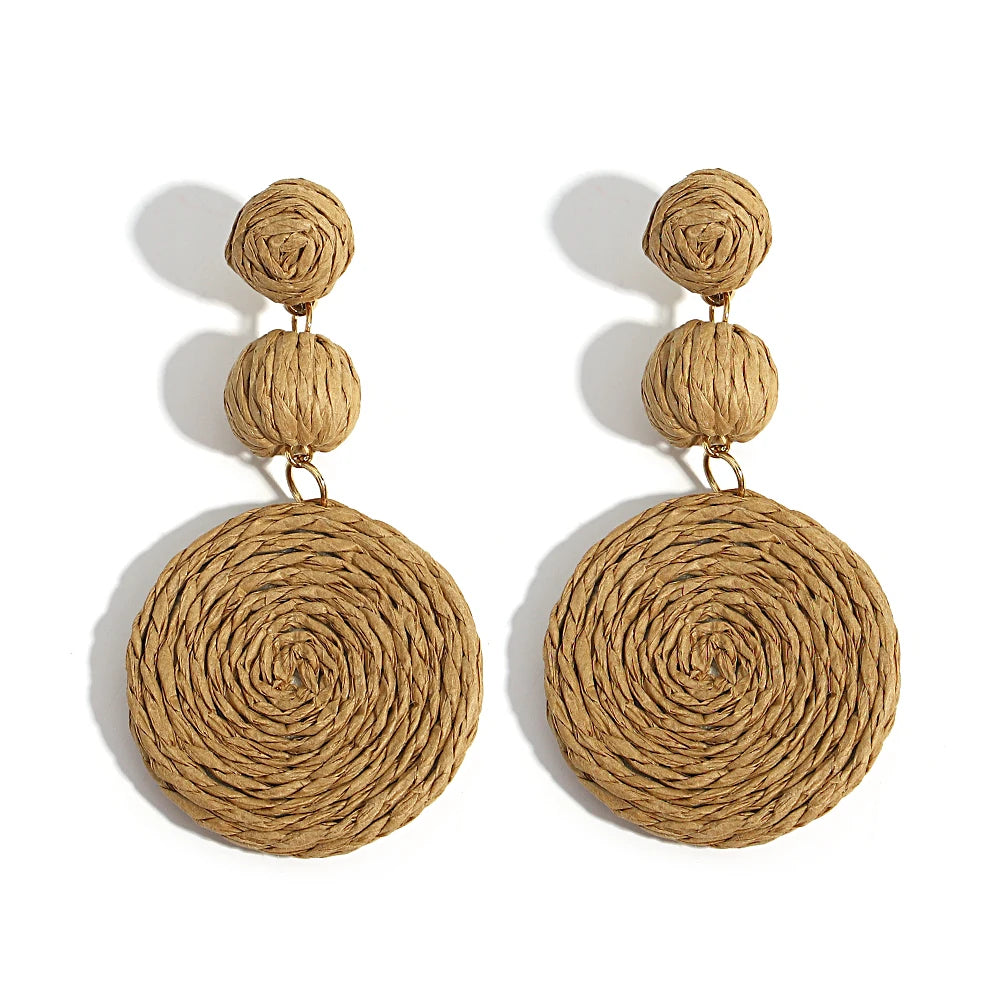 Yellow Raffia Knit Round Drop Earrings Jewelry