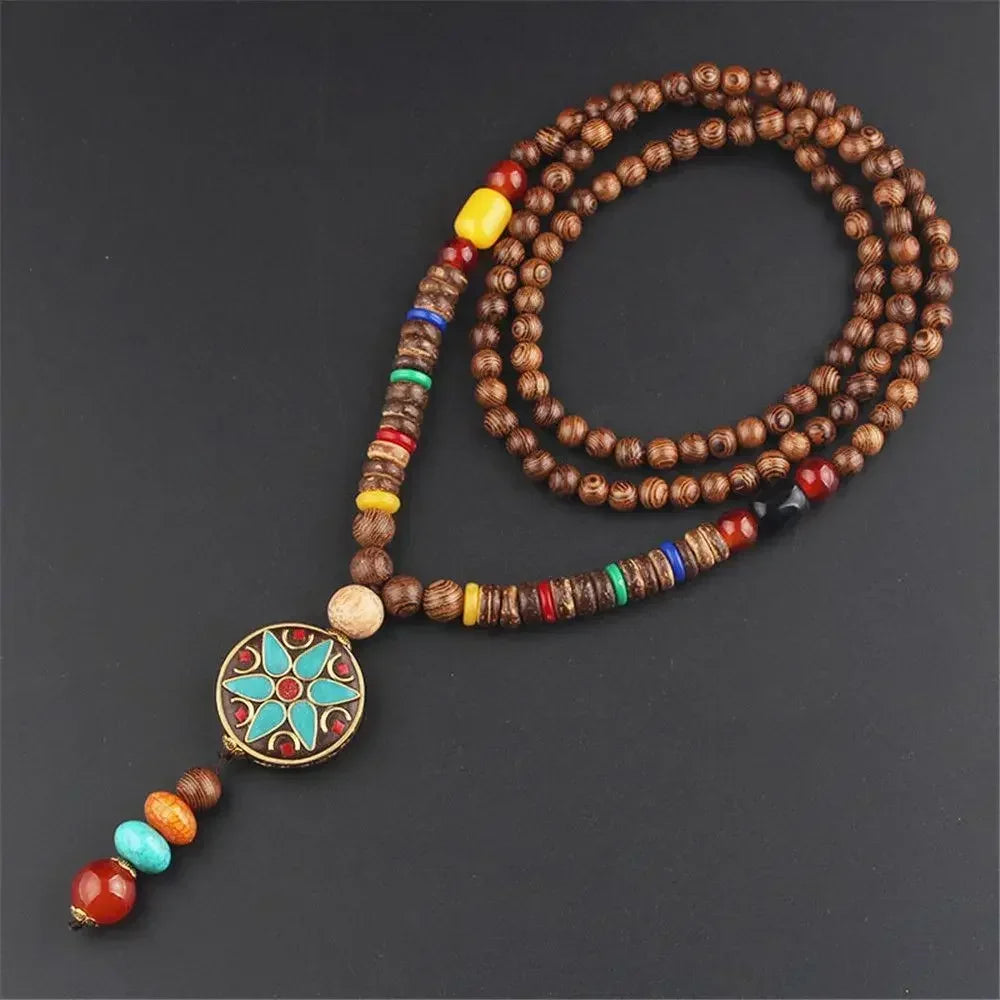 Nepal Wood Bead Mala Pendant Necklace Jewelry