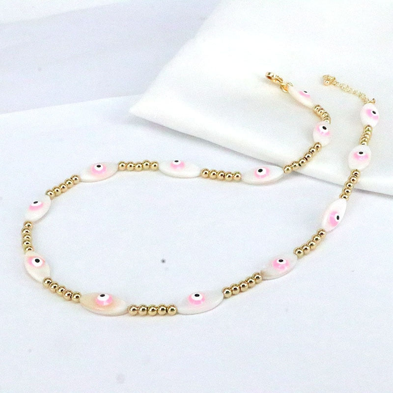 Vlen Boho Turkish Evil Eye Necklace Jewelry for Women Gold Color Beaded Choker Necklaces Natural Shell Lucky Hamsa Hand Collar