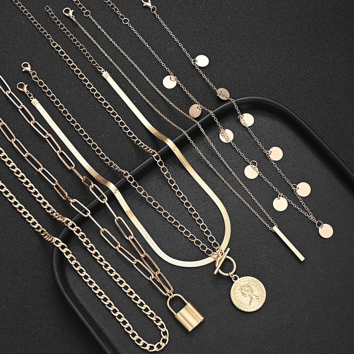 Coin Lock Pendant Layered Necklace Set Jewelry