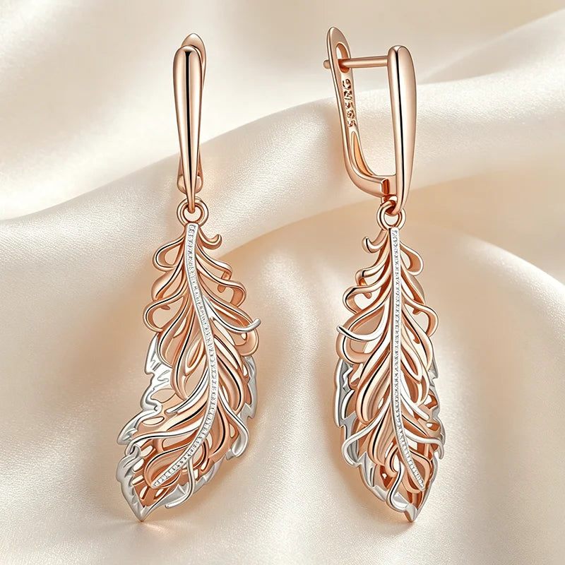Rose Gold Silver Leaf Long Drop Earrings Jewelry
