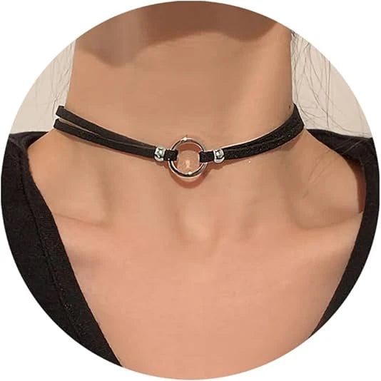 Black Leather Velvet O Ring Choker Necklace Jewelry