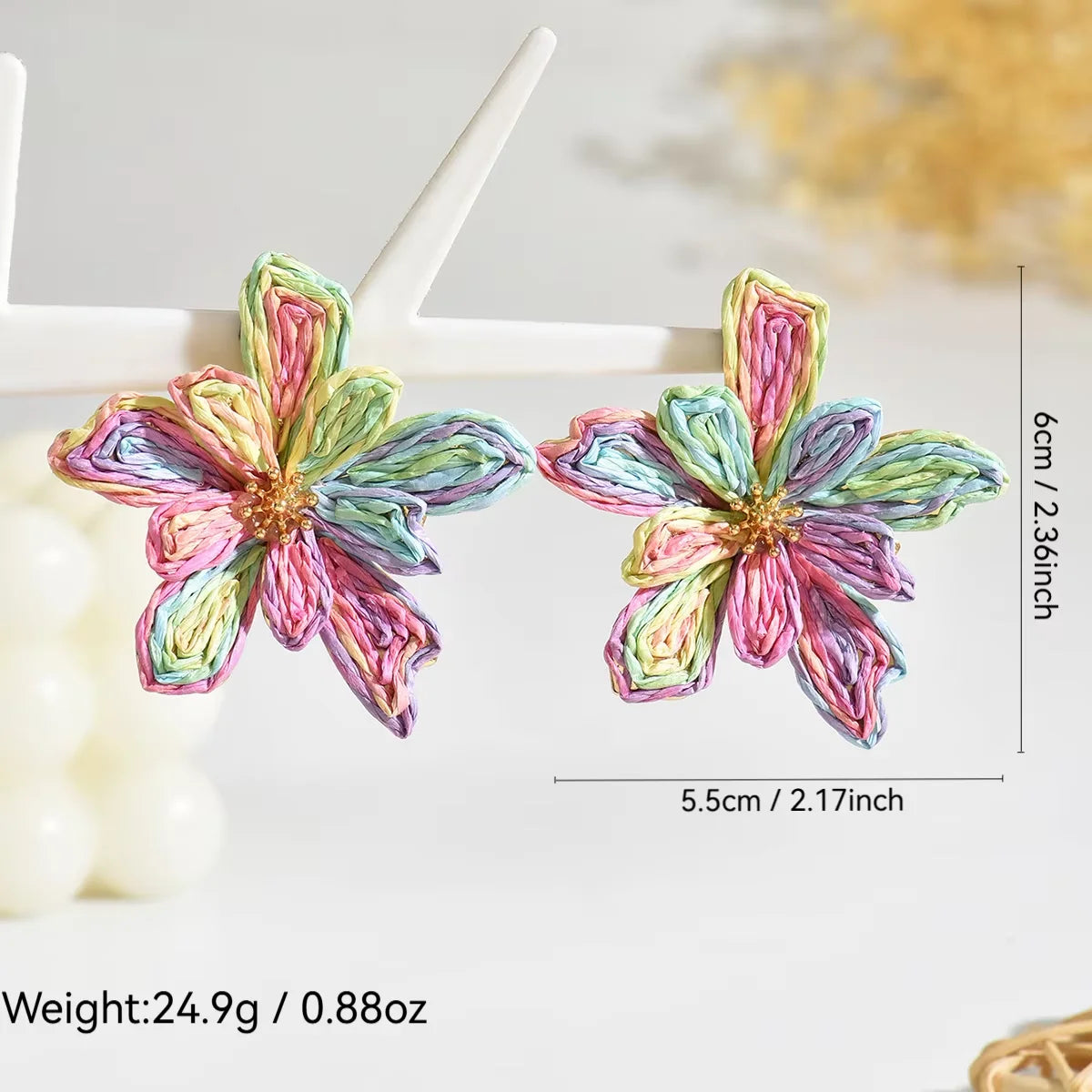 Raffia Woven Flower Boho Earrings Jewelry