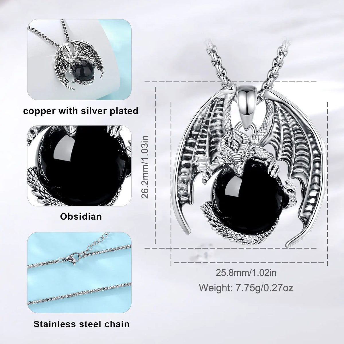 Natural Obsidian Dragon Ball Pendant Necklace, Black Healing Crystal Protection Amulet