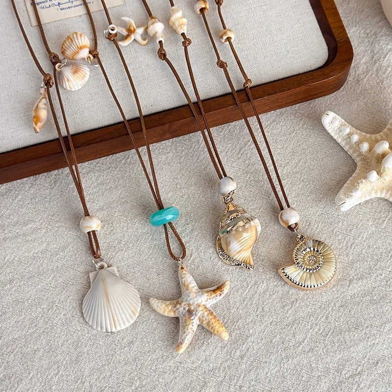 Starfish, Nautilus and Conch Wax Rope Clavicle Necklace