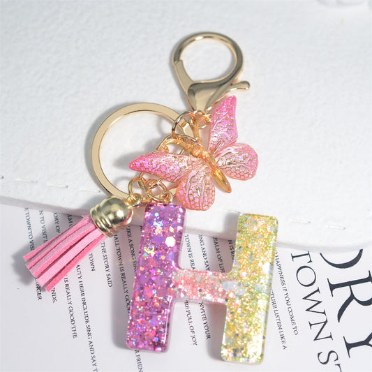 Cute Resin A-Z Initials Letter Keychain Pink Sparkle Butterfly Tassel Pendant Keyring for Women Girl Purse Handbags Jewelry Gift - Charlie Dolly