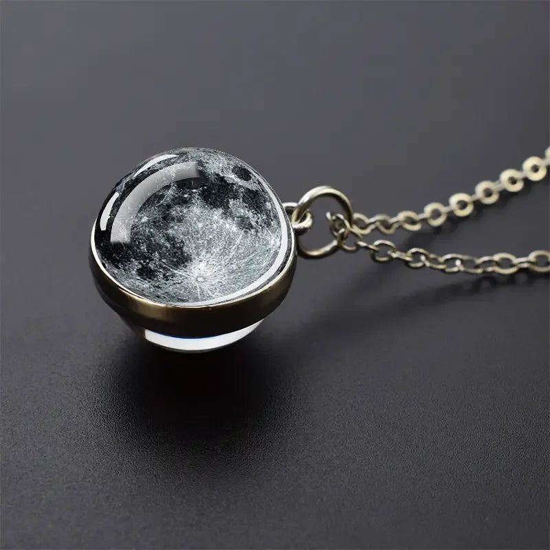 Double-Sided Galaxy Planet Glass Ball Pendant Necklace, Sun Moon Mars Cosmic Talisman