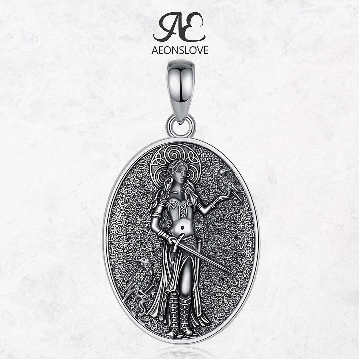 S925 Sterling Silver Morrigan Goddess Pendant Necklace, Viking Raven & Triple Spiral Pagan Amulet