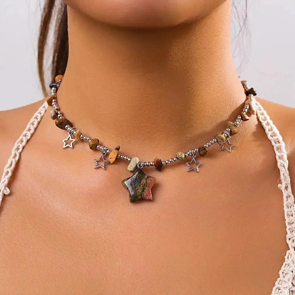 Boho Kpop Colorful Irregular Natural Stone Hollow Star Pendant Choker Necklace Women Goth Beads Chain Y2K Jewelry Accessorie New - Charlie Dolly