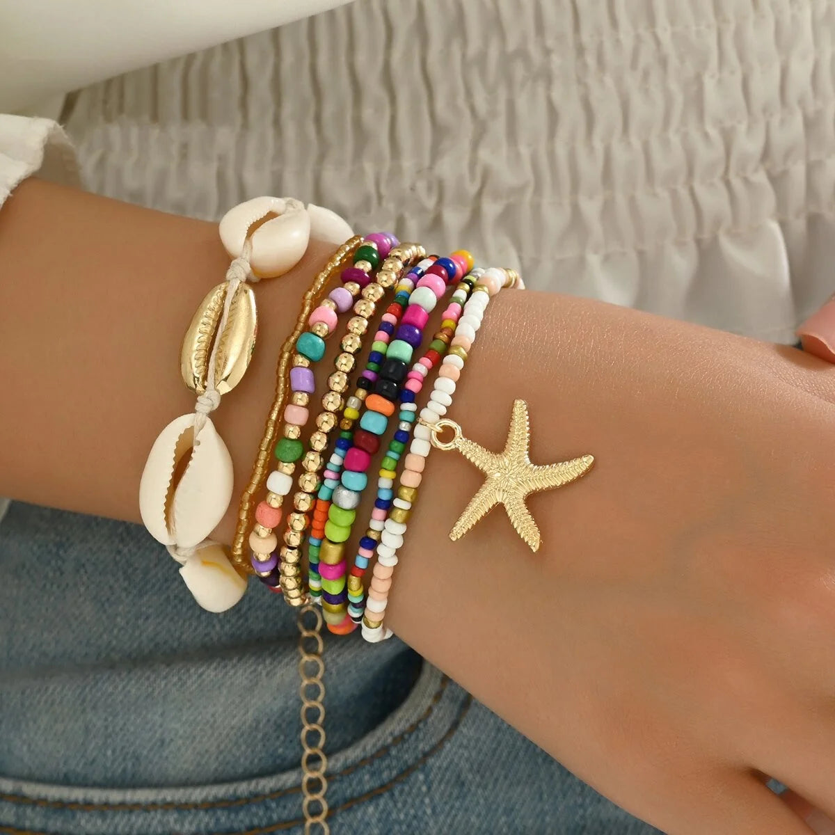 Shell, Starfish and Beaded Woven Bohemian Bracelet Set (7 Pieces)