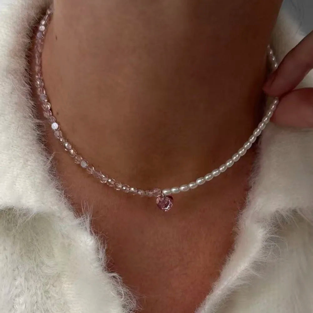Transparent Crystal and Pearl Tassel Chain Pendant Necklace