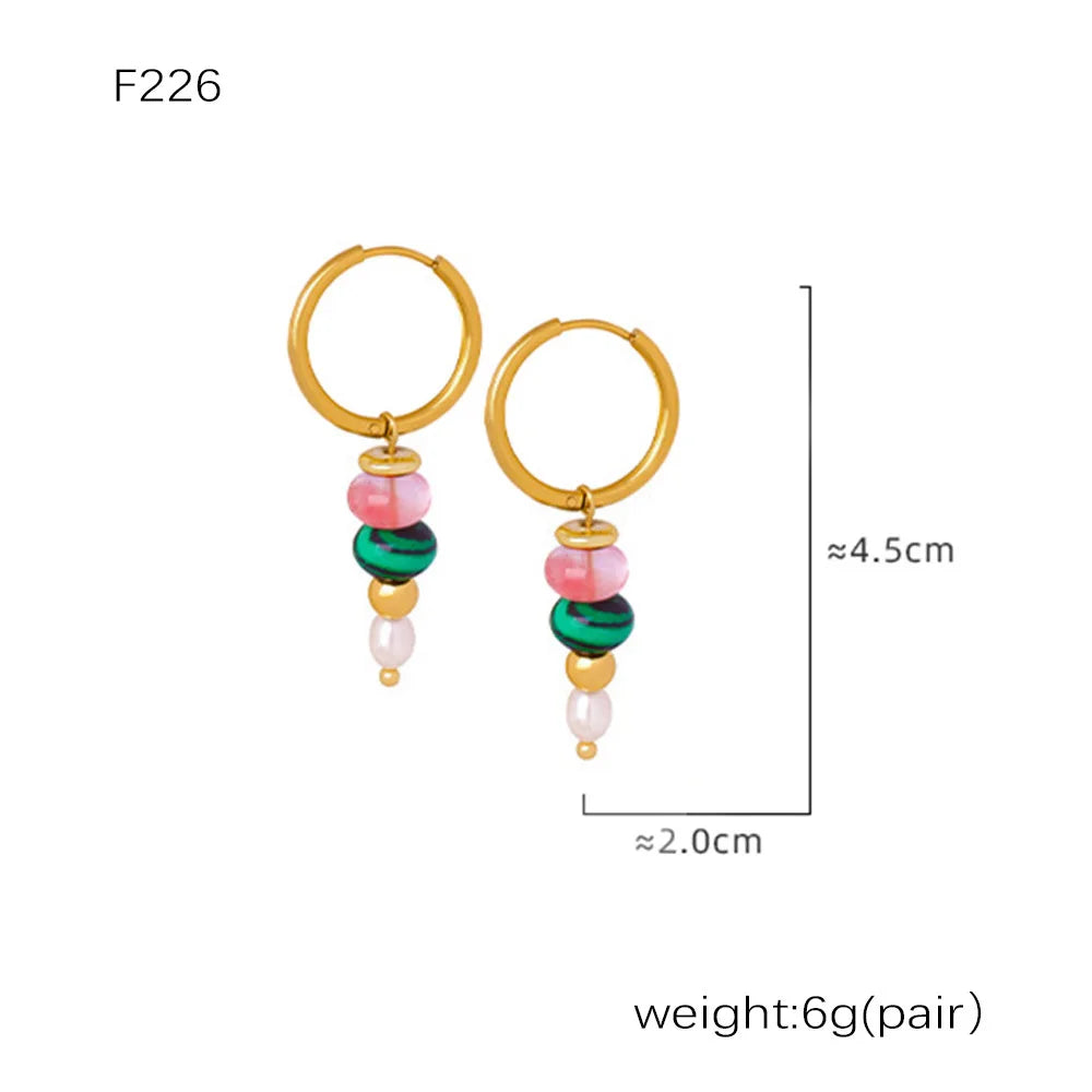 Multi-Color Natural Stone Dangle Earrings, Waterproof Stainless Steel Boho Jewelry