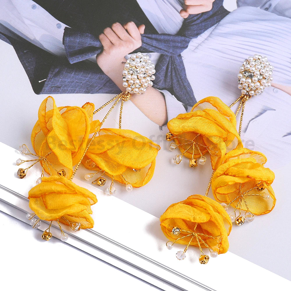 Cotton Flower Petal Beaded Tassel Earrings Jewelry