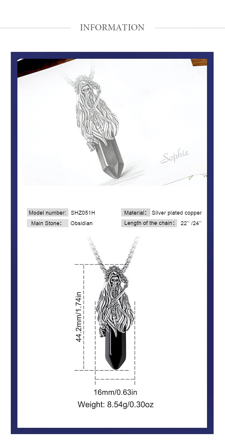 Natural Obsidian Santa Muerte Pendant Necklace, Holy Death Healing Crystal Devotional Amulet