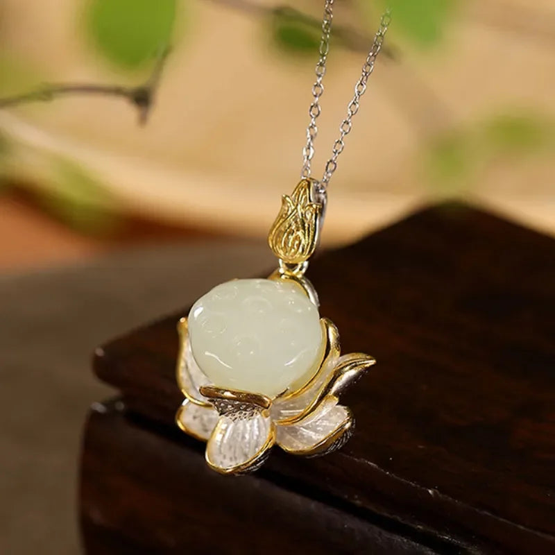 Natural Hotan Jade Lotus Flower Jewelry Set, Necklace Ring Bracelet Hairpin Boutique