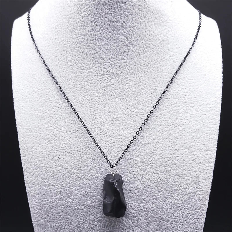 Black Obsidian Irregular Natural Stone Necklace Boho Stainless Steel Black Sweater Chain Fashion Necklaces Lucky Jewelry NDD16 - Charlie Dolly