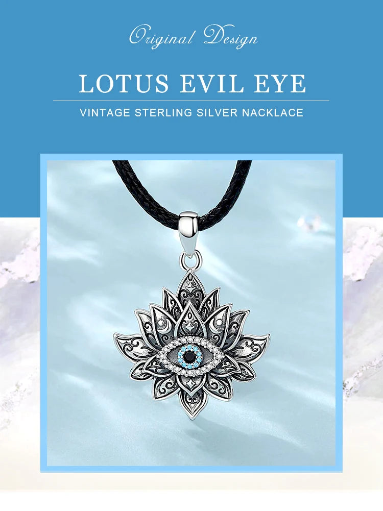925 Sterling Silver Evil Eye & Lotus Pendant Necklace, Vintage Eudora Sacred Amulet