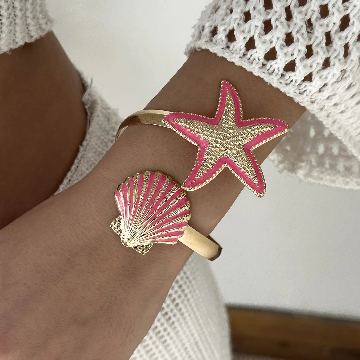 Starfish and Shell Enamel Bangle Bracelet
