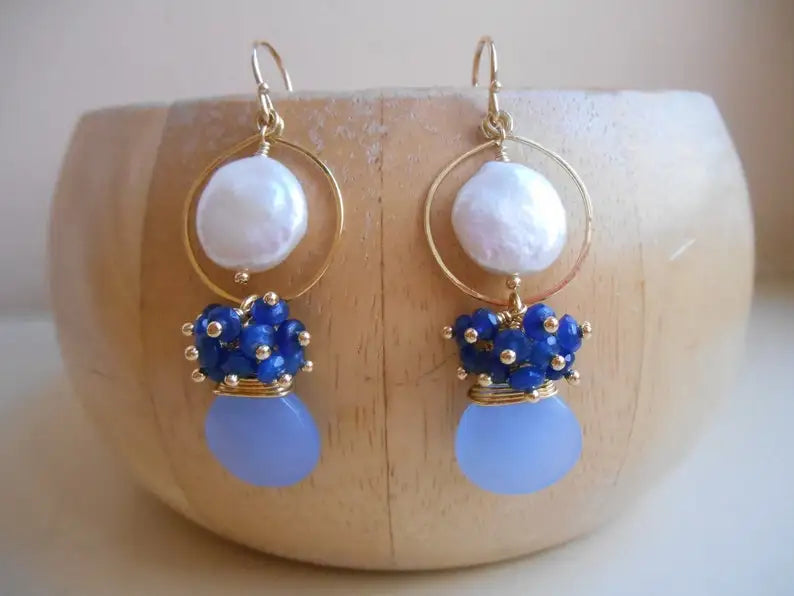 Constance gemstone cluster chandelier earrings blue white lapis lazuli coin pearl chalcedony gold fill gift for her June - Charlie Dolly