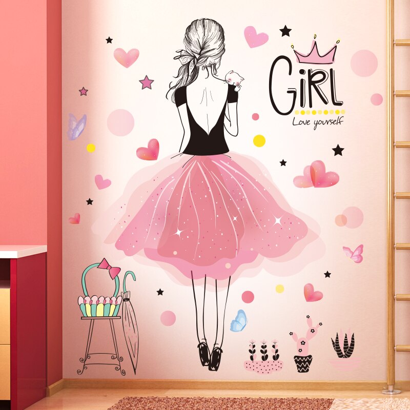 Creative Pink Feathers Wings Wall Stickers DIY Cartoon Girl Wall Decals for Kids Rooms Kindergarten Nursery Home Decoration