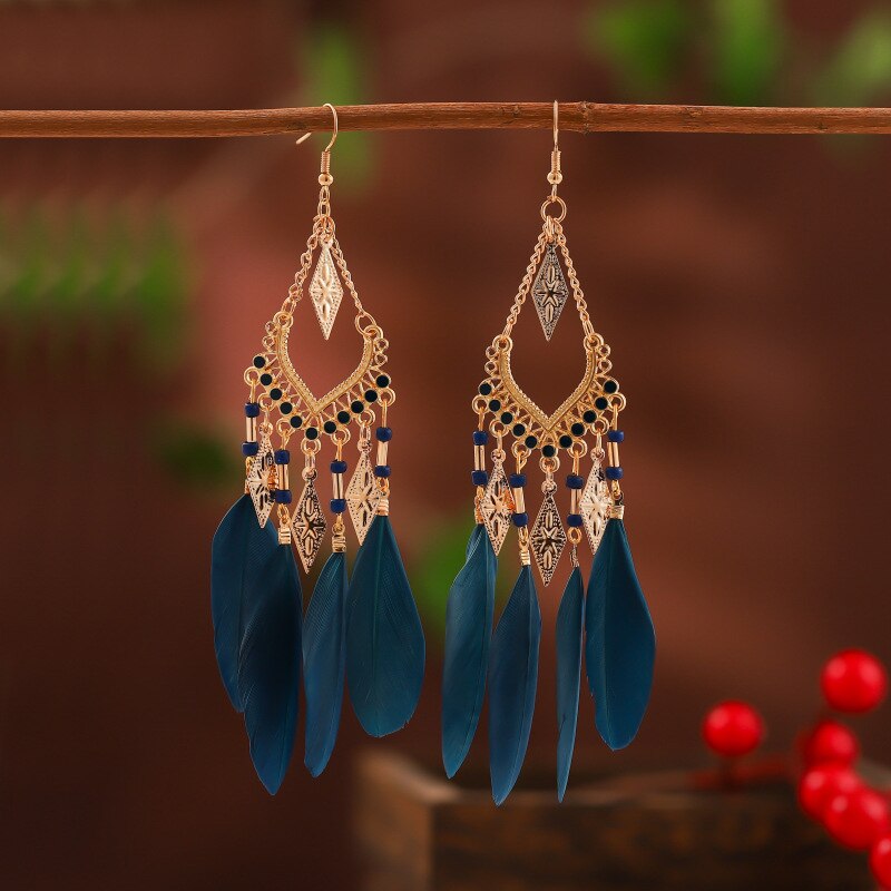 Vintage Bohemian Ethnic Style Earrings Long Rice Bead Tassel Earrings FOR WOMEN Alloy Dripping Oil Long Tassel Earrings - Charlie Dolly