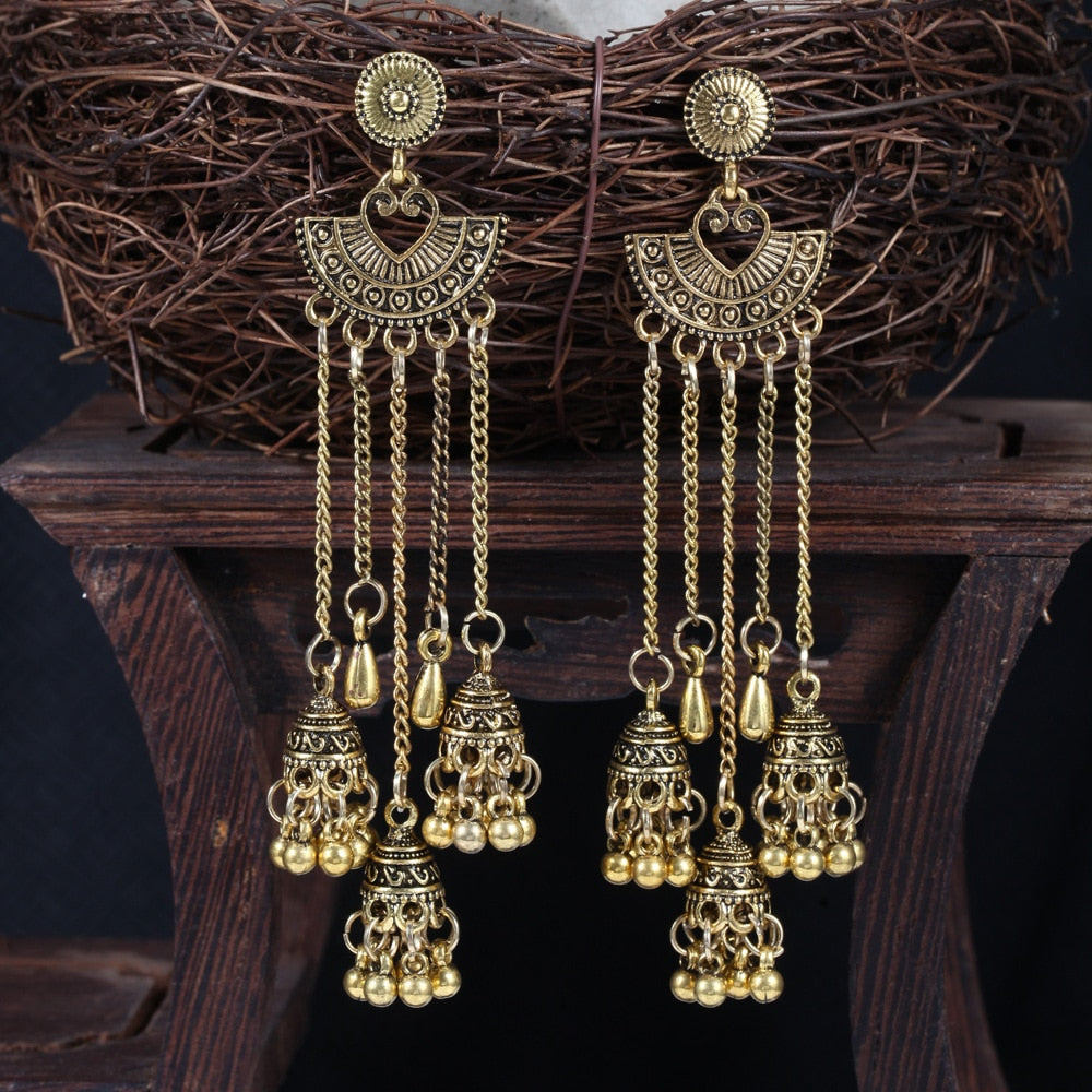 Vintage Bohemian Ethnic Style Earrings Long Rice Bead Tassel Earrings FOR WOMEN Alloy Dripping Oil Long Tassel Earrings - Charlie Dolly