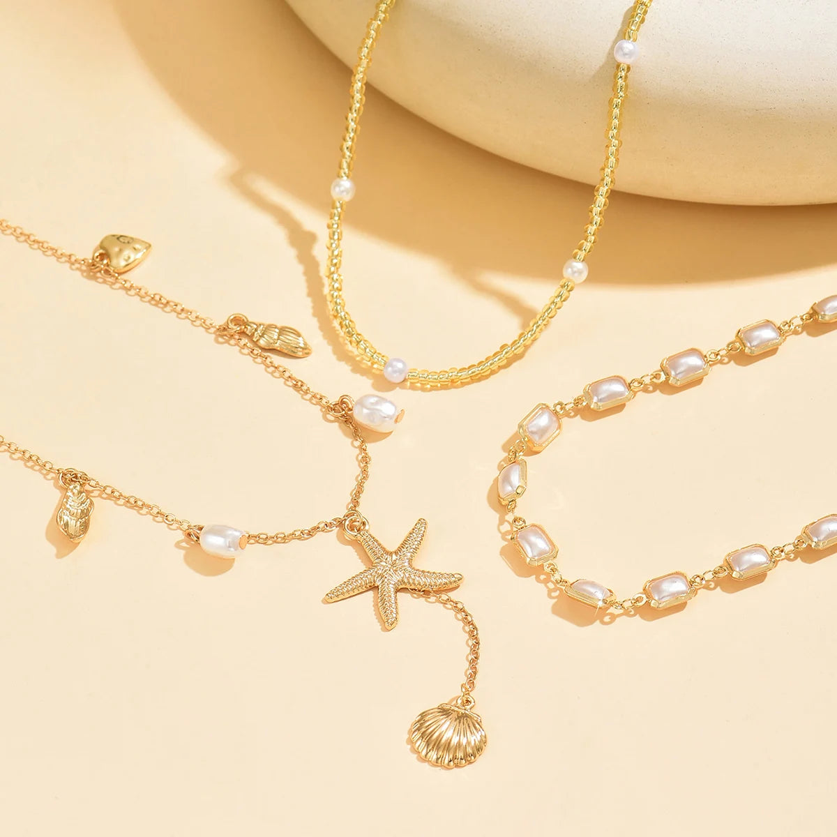 Cowrie Shell and Pearl Layered Boho Necklace Set (3 Pieces)
