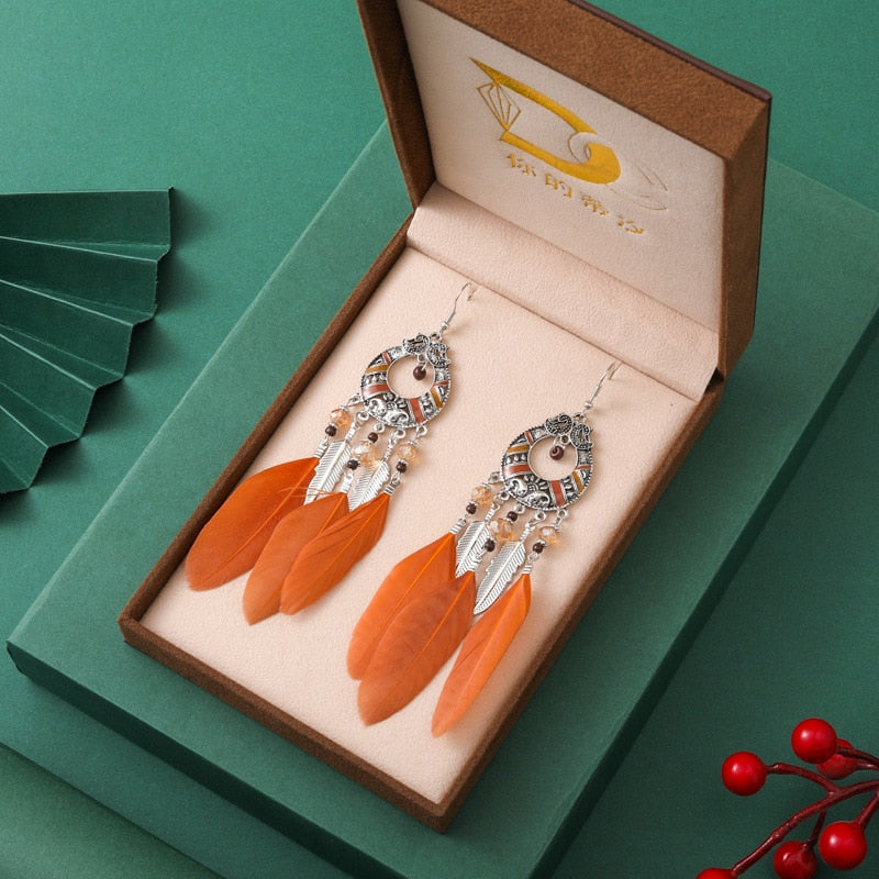 Vintage Long Water Drop Feather Earrings for Women Elegant Insert Rhinestone Crystal Bead Leaf Tassel Earring Female Jewelry