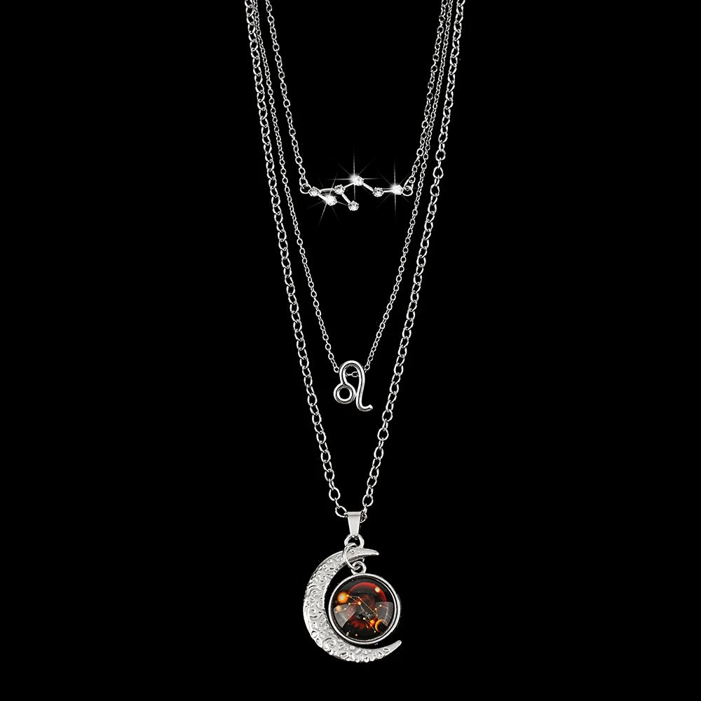 Zodiac Moon Glow Pendant Necklace Set of 3 with Birthstone Cards, Bestie & BFF Gift