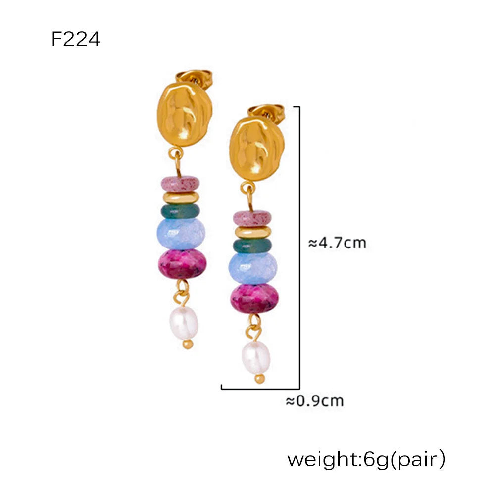 Multi-Color Natural Stone Dangle Earrings, Waterproof Stainless Steel Boho Jewelry
