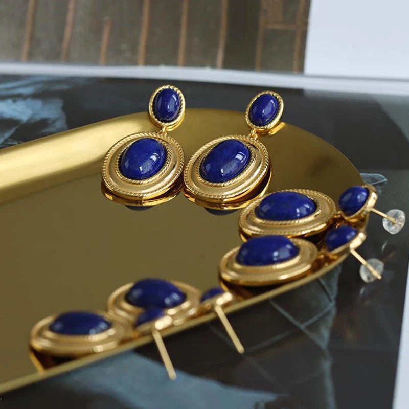 New design inlaid lapis lazuli oval hollow earrings exaggerated punk style retro ancient gold craftsmanship women's jewelry - Charlie Dolly