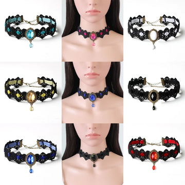 Halloween Choker Necklace for Women Rhinestone Pendant Lace Gothic Necklace for Steampunk Royal Court Vampire Costume Jewelry - Charlie Dolly