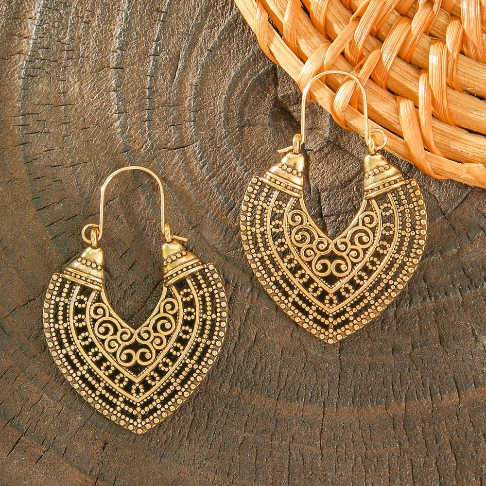Carved Heart Antique Gold Hook Earrings Jewelry