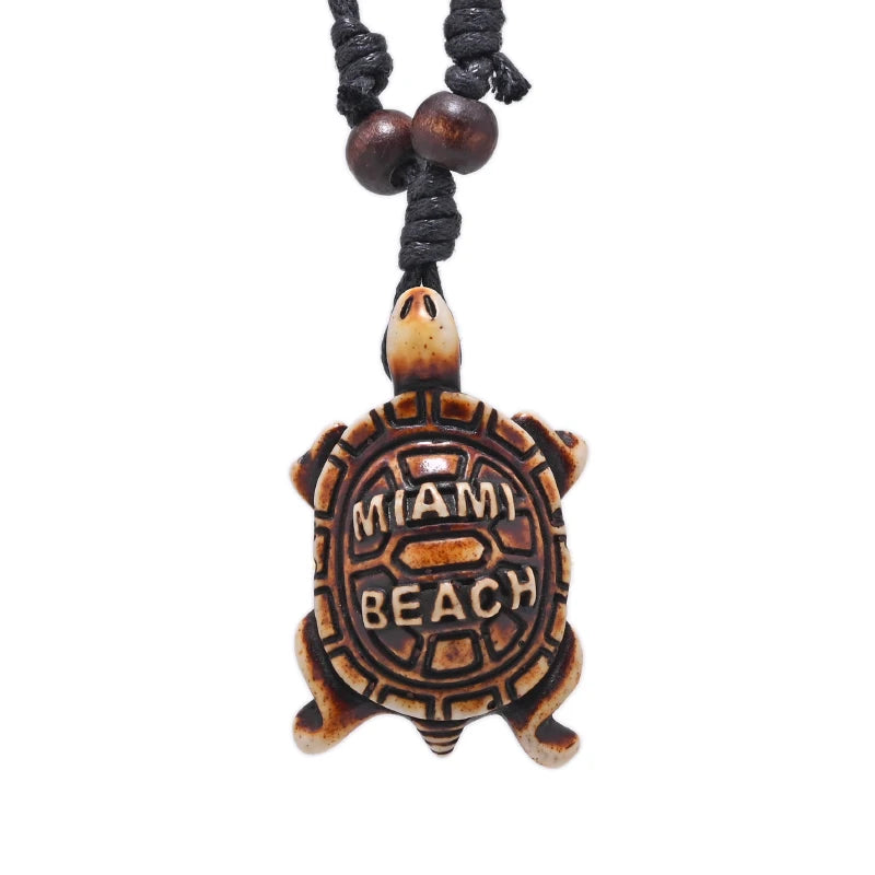 Sea Turtle Bone Pendant Wax Cord Necklace Jewelry