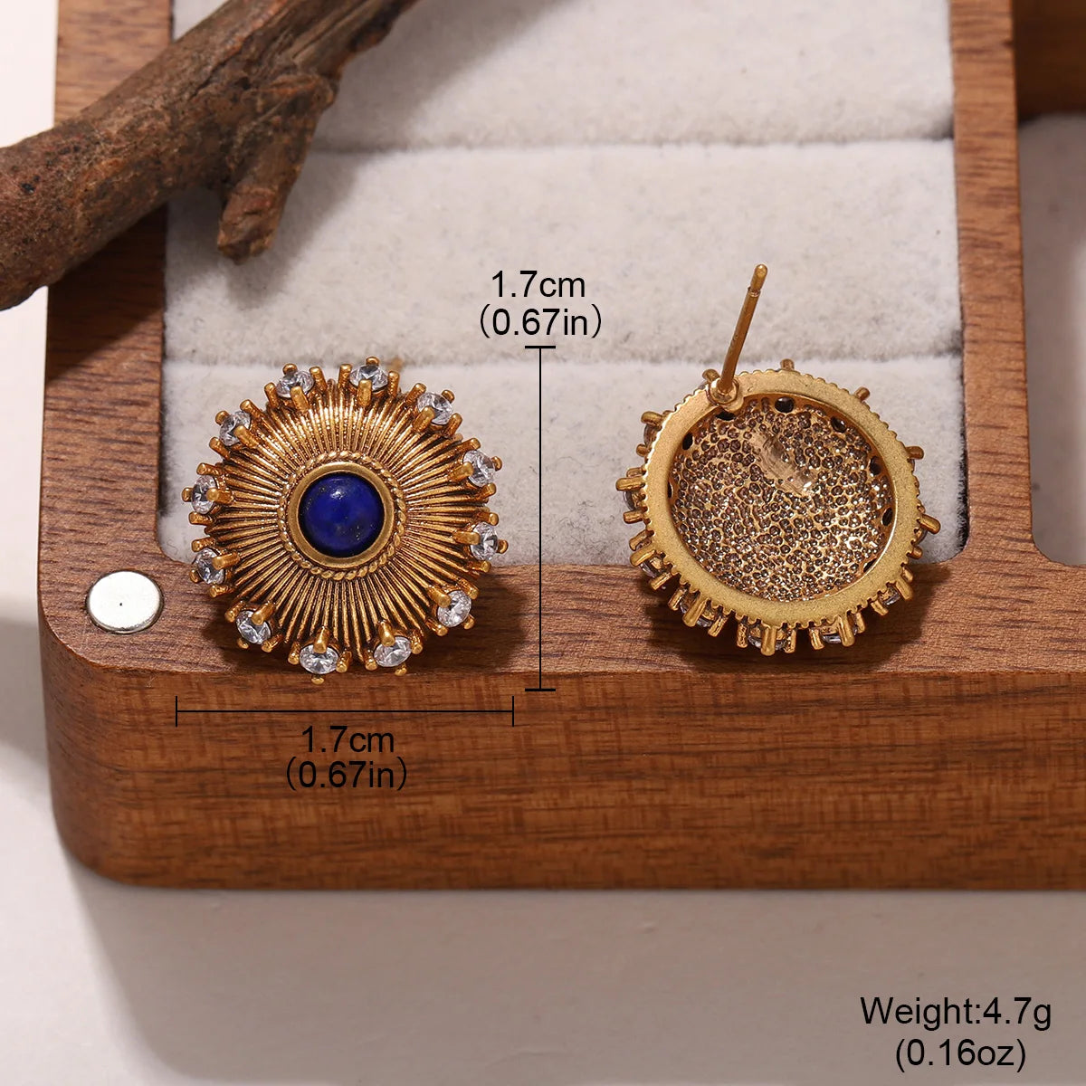Women's Vintage Gold Plated Lapis Lazuli Sunburst Stud Earrings with Zircon Crystal Accents, Fashion Jewelry Gift - Charlie Dolly