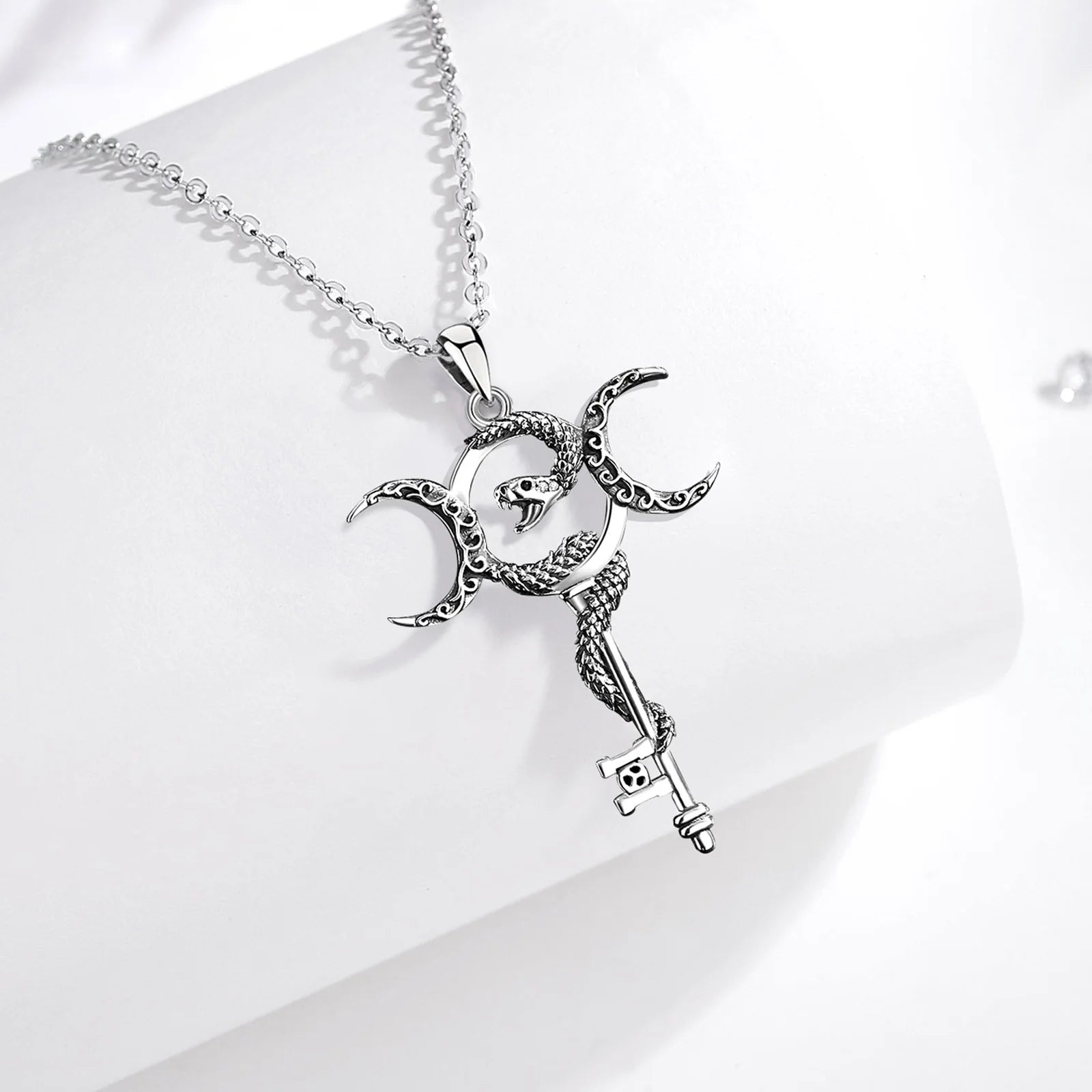 S925 Sterling Silver Hecate Triple Moon Goddess Pendant Necklace, Snake & Key Pagan Wicca Amulet