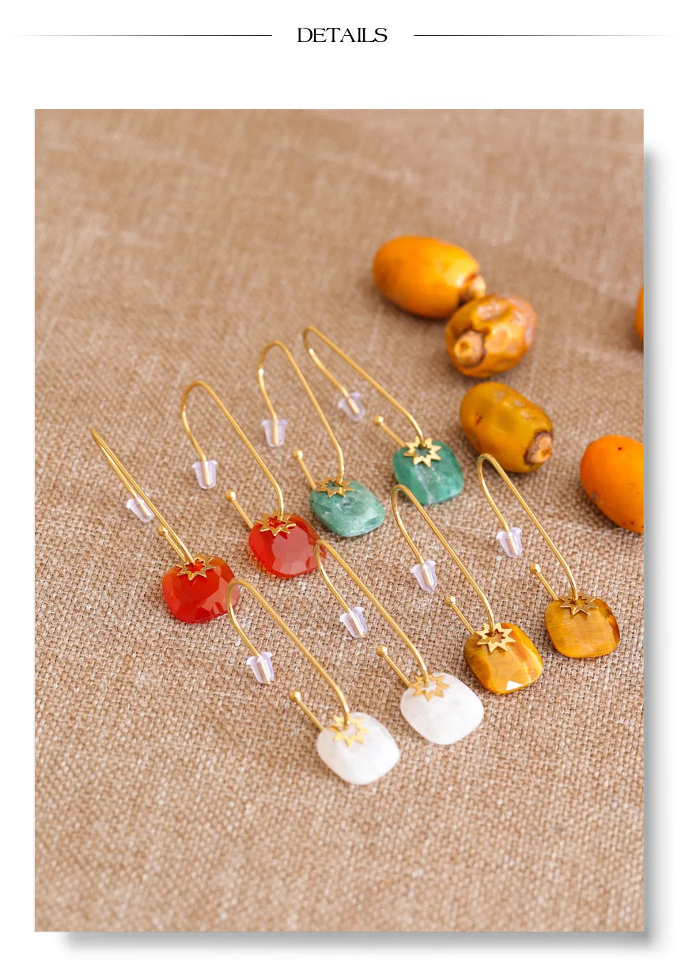 Natural Stone Square Drop Earrings, Tiger Eye Agate 14K Gold Waterproof Stainless Steel Jewelry
