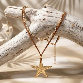 Gold Starfish Seed Bead Rope Choker Necklace Jewelry
