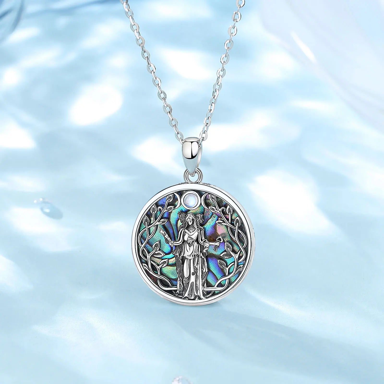 S925 Sterling Silver Triple Moon Goddess Pendant Necklace, Hecate Natural Abalone Amulet
