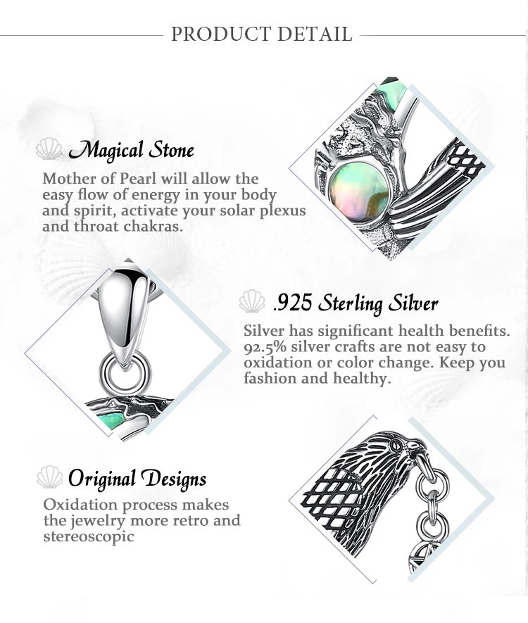 Sterling Silver 925 Viking Raven & Pentagram Moon Necklace, Abalone Shell Amulet