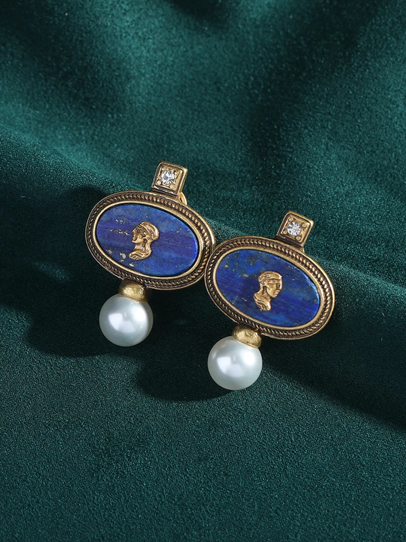 Vintage Lapis Lazuli Head Oval Stud Earring For Woman Accessories Pearl Gold Color Luxury Jewelry Designers Brand Thanksgiving - Charlie Dolly