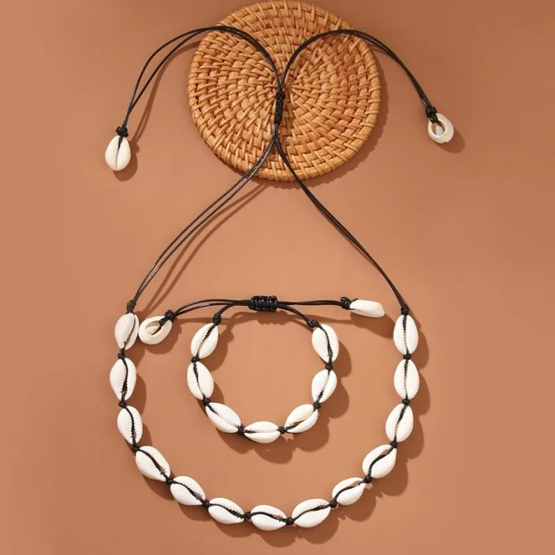 Handmade Braided Shell Necklace and Bracelet Boho Set