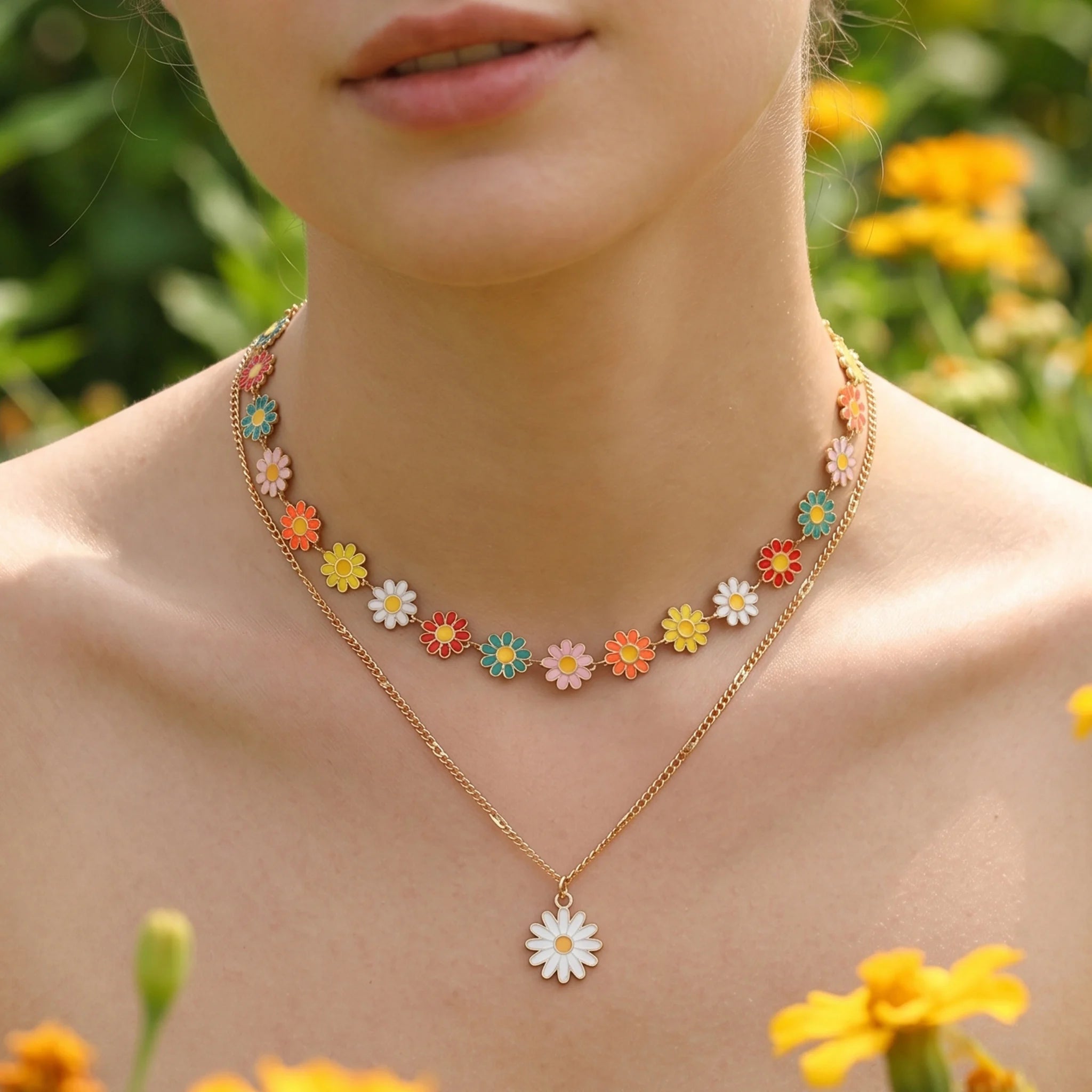 Enamel Daisy Gold Layered Necklace Jewelry